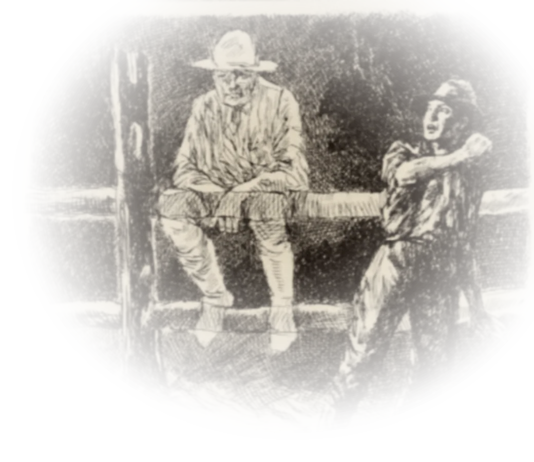 1924 pen-and-ink illustration: Fisher's ghost sits on a fence rail while a passer-by recoils